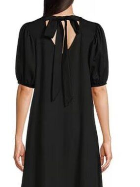 Gibson Latimer Black Midi Dress XL Puff Sleeve Tie Neck Textured Tiered Hem